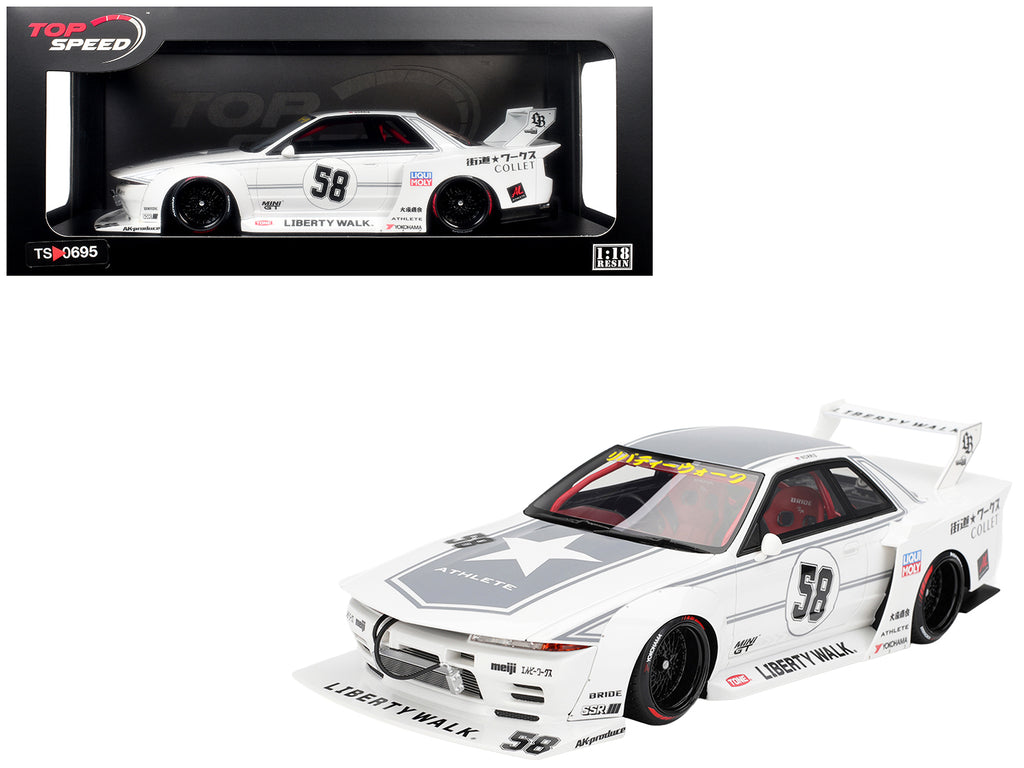 Nissan Skyline GT-R (R32) RHD (Right Hand Drive) #58 "LBWK - Kaido Works" White with Gray Stripes and Graphics "Tokyo Auto Salon (TAS) 2025" 1/18 Model Car by Top Speed