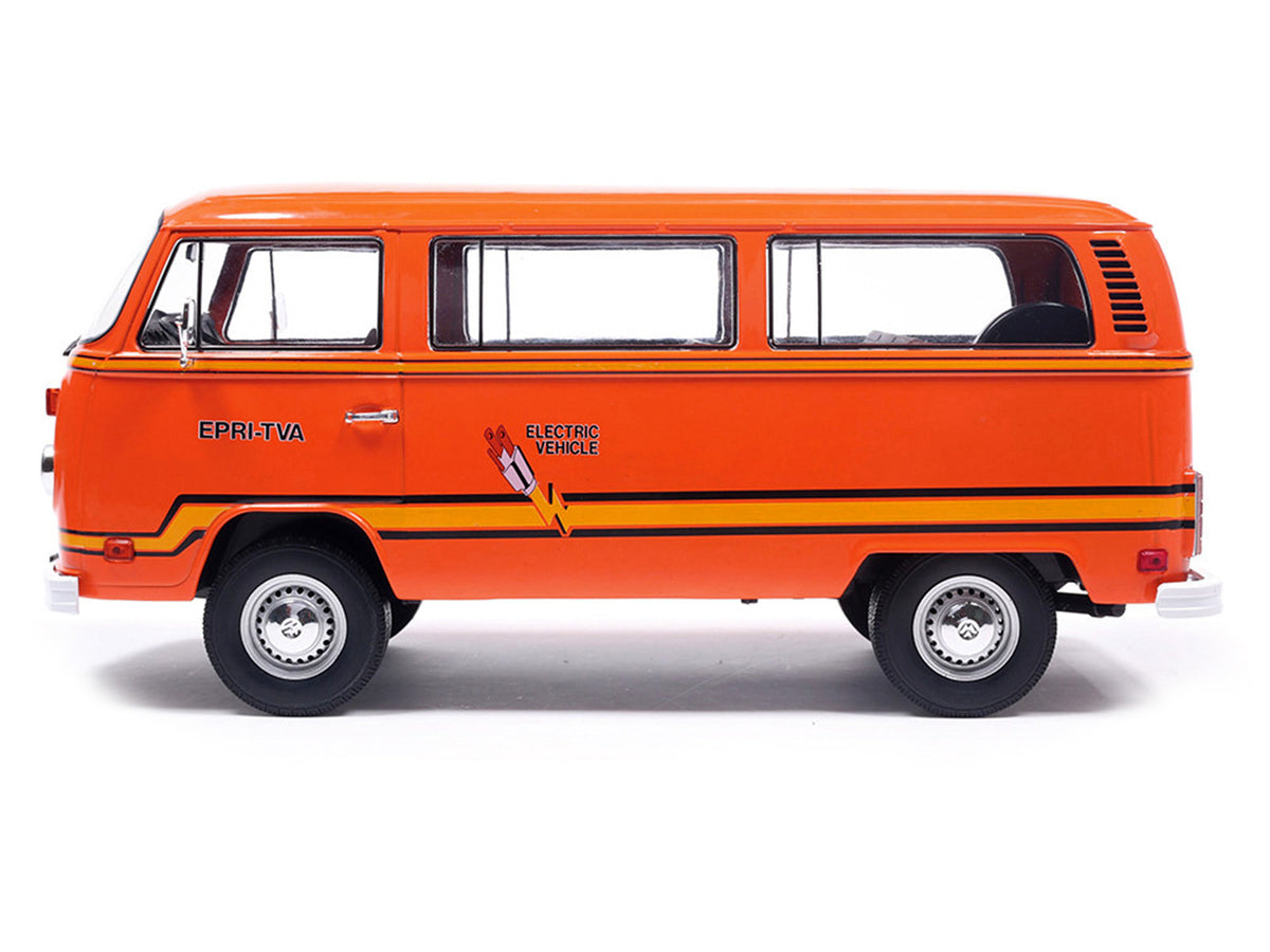 1978 Volkswagen Type 2 Bus Elektrotransporter Orange with Yellow Stripes 1/18 Diecast Model by IXO Models - image 2