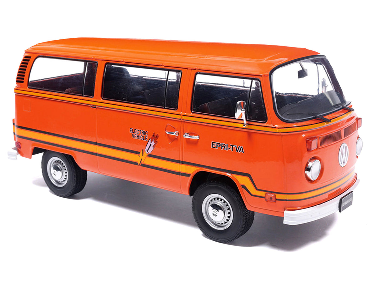 1978 Volkswagen Type 2 Bus Elektrotransporter Orange with Yellow Stripes 1/18 Diecast Model by IXO Models - image 3