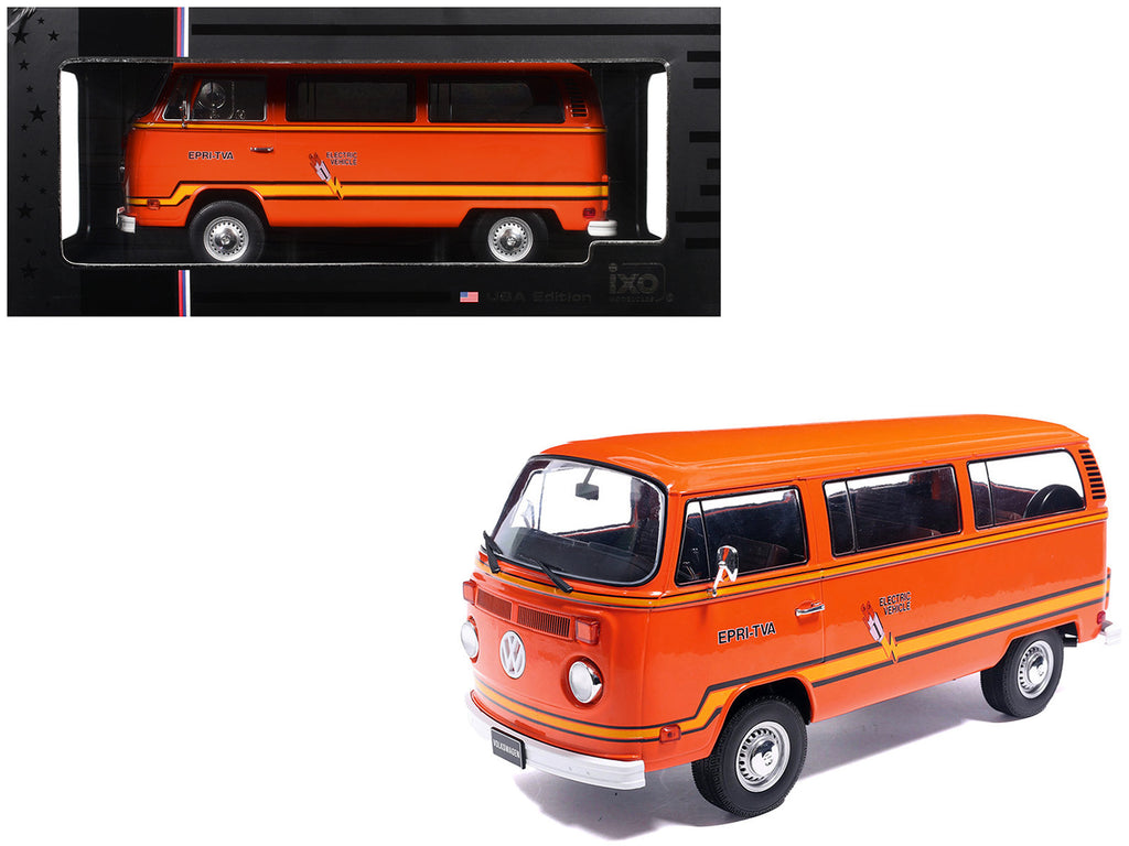 1978 Volkswagen Type 2 Bus Elektrotransporter Orange with Yellow Stripes 1/18 Diecast Model by IXO Models - image 1