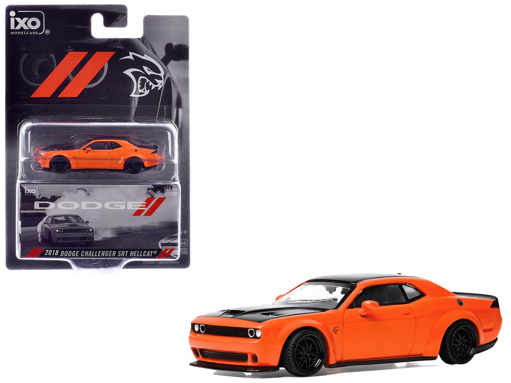 2018 Dodge Challenger SRT Hellcat Go Mango Orange with Matt Black Hood and Top 1/64 Diecast Model Car by IXO Models