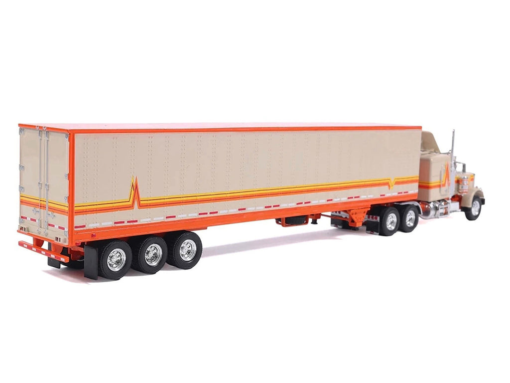 1973 Peterbilt 359 Truck Tractor with Sleeper Cab Cream with Orange and Yellow Stripes and Refrigerate Modern Trailer 1/64 Diecast Model Car by IXO Models