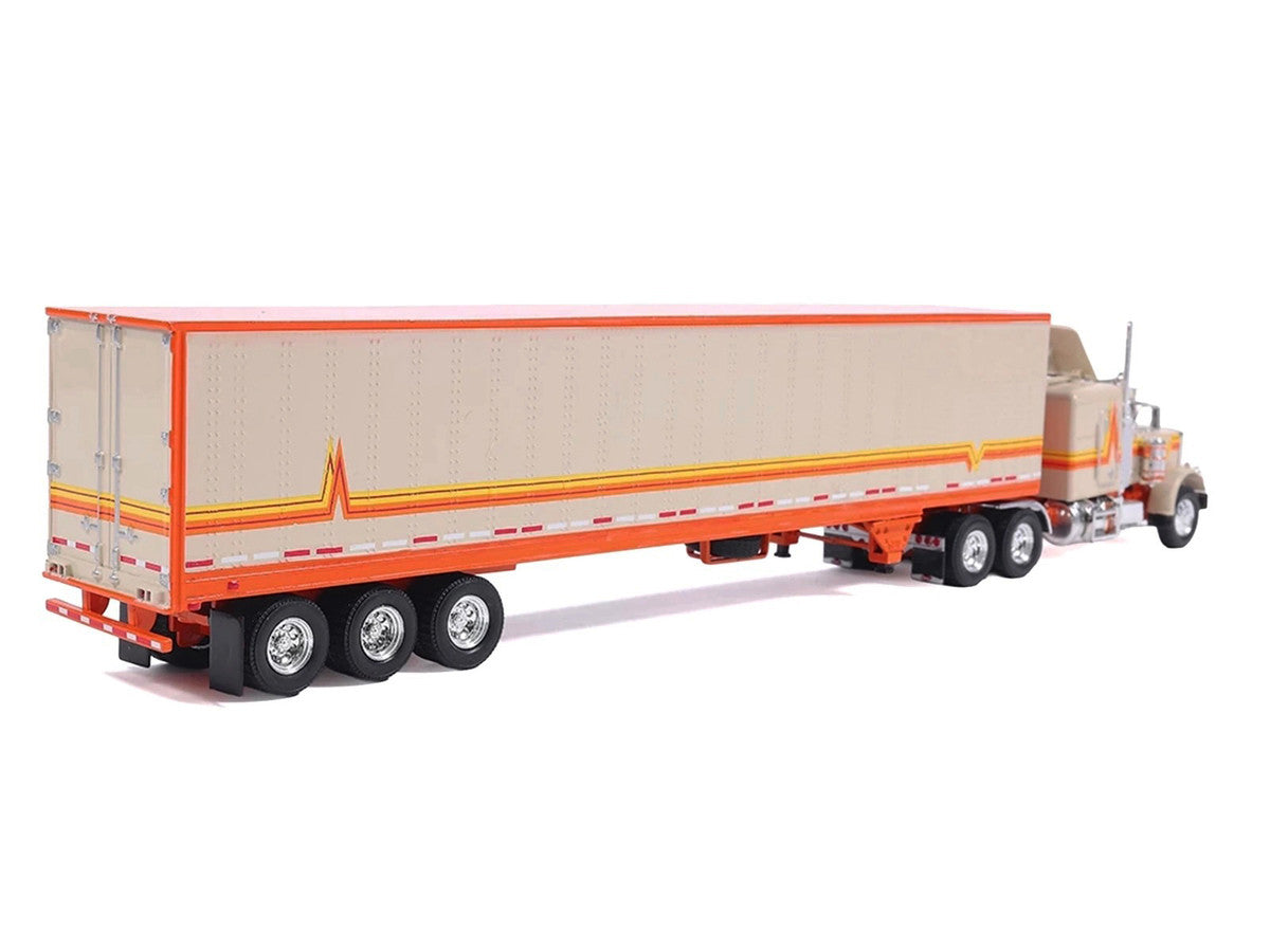 1973 Peterbilt 359 Truck Tractor with Sleeper Cab Cream with Orange and Yellow Stripes and Refrigerate Modern Trailer 1/64 Diecast Model Car by IXO Models