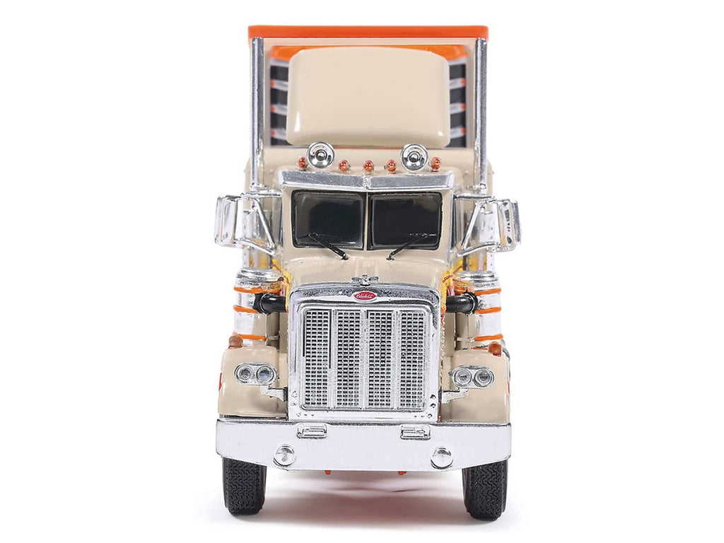 1973 Peterbilt 359 Truck Tractor with Sleeper Cab Cream with Orange and Yellow Stripes and Refrigerate Modern Trailer 1/64 Diecast Model Car by IXO Models