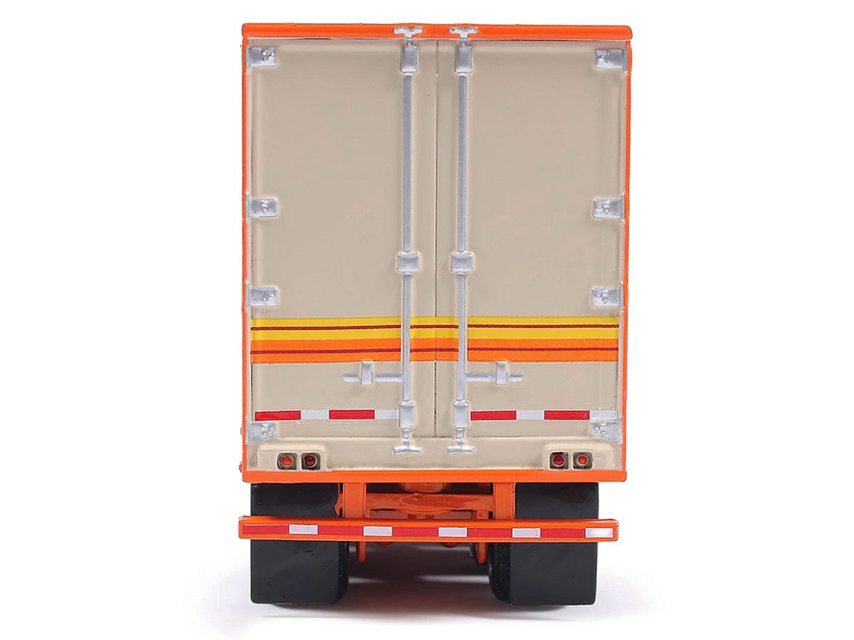 1973 Peterbilt 359 Truck Tractor with Sleeper Cab Cream with Orange and Yellow Stripes and Refrigerate Modern Trailer 1/64 Diecast Model Car by IXO Models