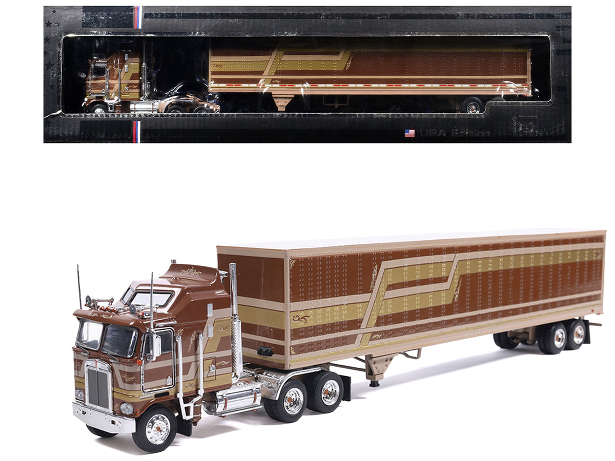 1976 Kenworth K100 Aerodyne Truck with Modern Trailer Brown with Tan and Gold Stripes 1/64 Diecast Model Car by IXO Models