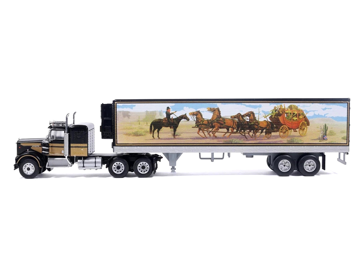 Kenworth W900 Truck with Refrigerated Trailer Black with Tan Stripes and Trailer Graphics 1/64 Diecast Model Car by IXO Models - image 2