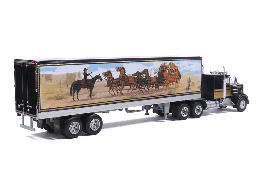 Kenworth W900 Truck with Refrigerated Trailer Black with Tan Stripes and Trailer Graphics 1/64 Diecast Model Car by IXO Models - image 3
