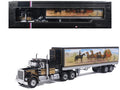 Kenworth W900 Truck with Refrigerated Trailer Black with Tan Stripes and Trailer Graphics 1/64 Diecast Model Car by IXO Models