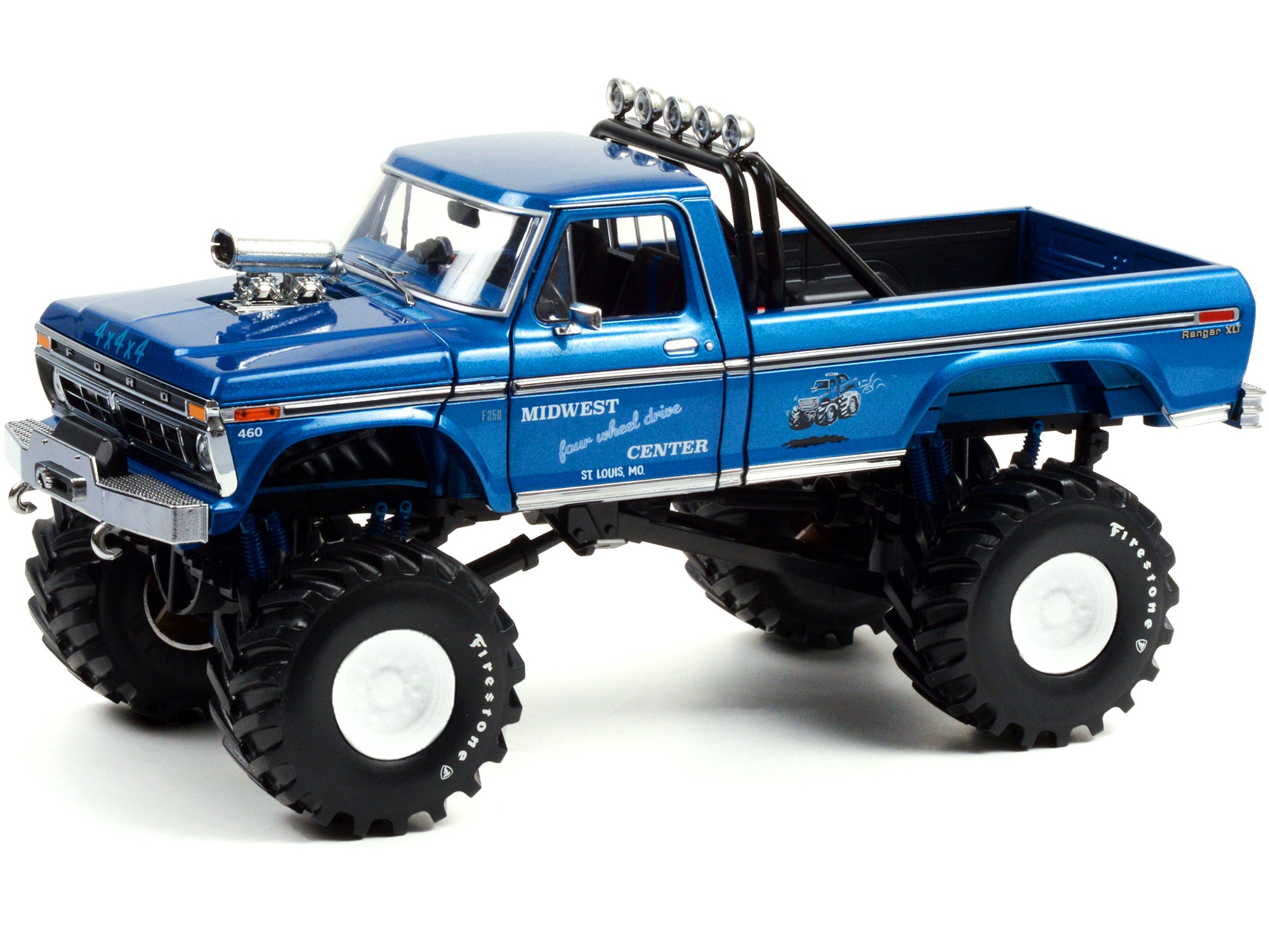 1974 Ford F-250 Ranger XLT Monster Truck with 48-Inch Tires Blue Metallic "Midwest Four Wheel Drive Center" "Kings of Crunch" Series 1/18 Diecast Model Car by Greenlight - image 2