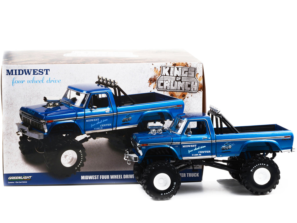 1974 Ford F-250 Ranger XLT Monster Truck with 48-Inch Tires Blue Metallic "Midwest Four Wheel Drive Center" "Kings of Crunch" Series 1/18 Diecast Model Car by Greenlight - image 3