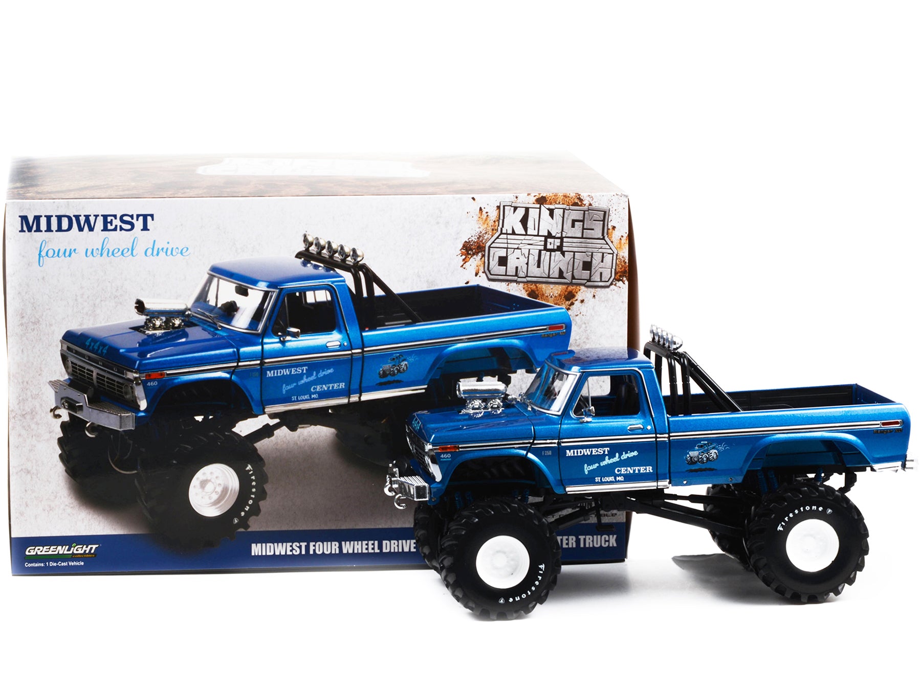 1974 Ford F-250 Ranger XLT Monster Truck with 48-Inch Tires Blue Metallic "Midwest Four Wheel Drive Center" "Kings of Crunch" Series 1/18 Diecast Model Car by Greenlight - image 3