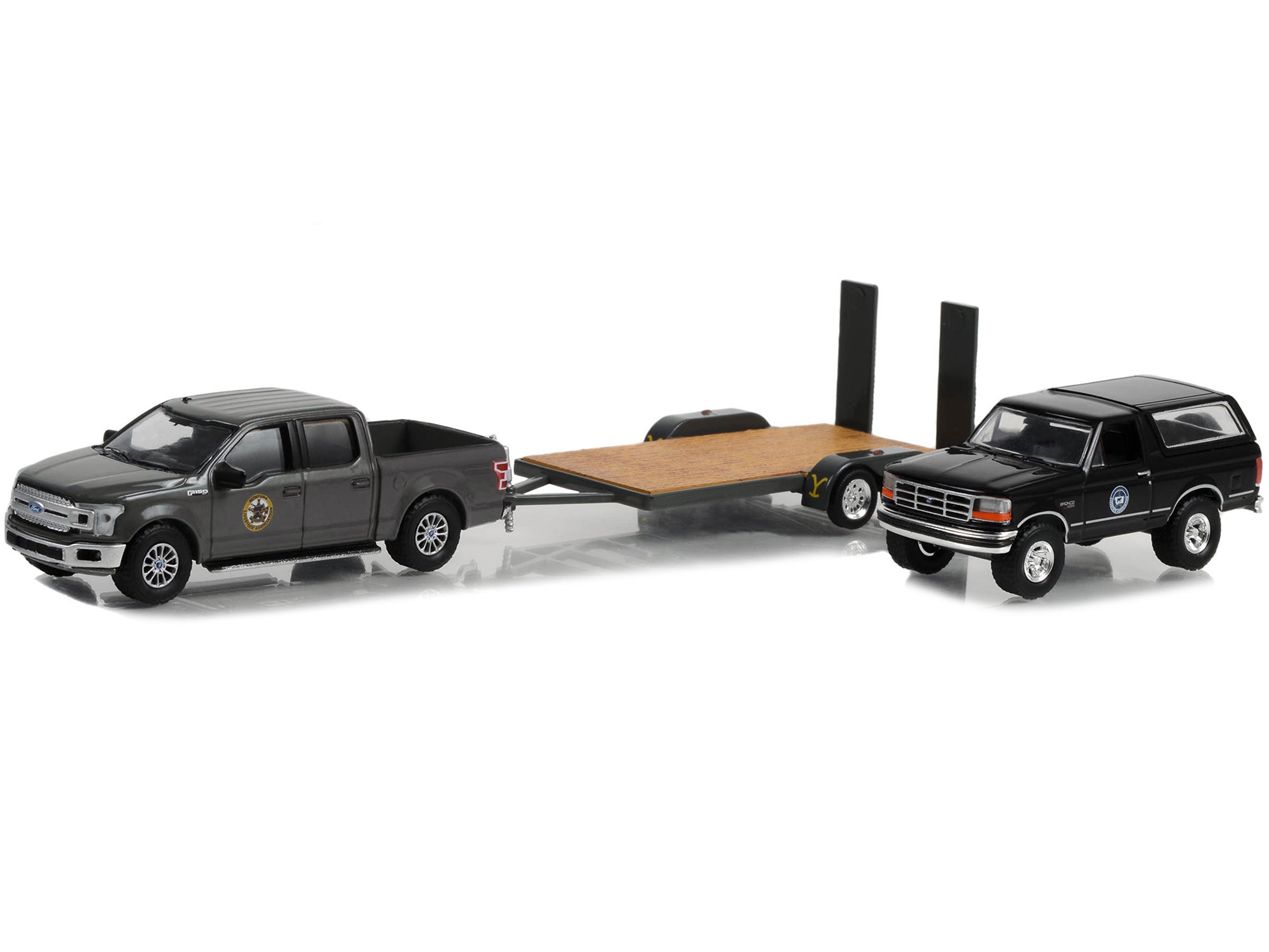 2018 Ford F-150 Pickup Truck Gray with 1992 Ford Bronco "Montana Livestock Association" Black and Flatbed Car Trailer "Yellowstone" (2018-Current) TV Series "Hollywood Hitch & Tow" Series 11 1/64 Diecast Model Cars by Greenlight - image 2