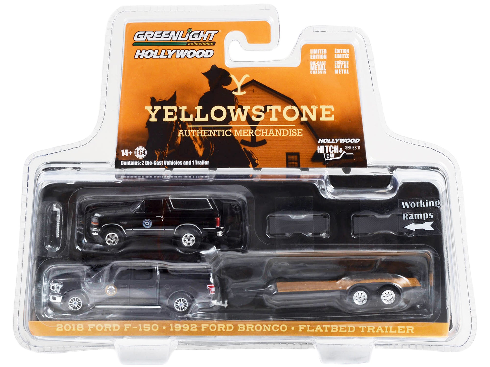 2018 Ford F-150 Pickup Truck Gray with 1992 Ford Bronco "Montana Livestock Association" Black and Flatbed Car Trailer "Yellowstone" (2018-Current) TV Series "Hollywood Hitch & Tow" Series 11 1/64 Diecast Model Cars by Greenlight - image 3