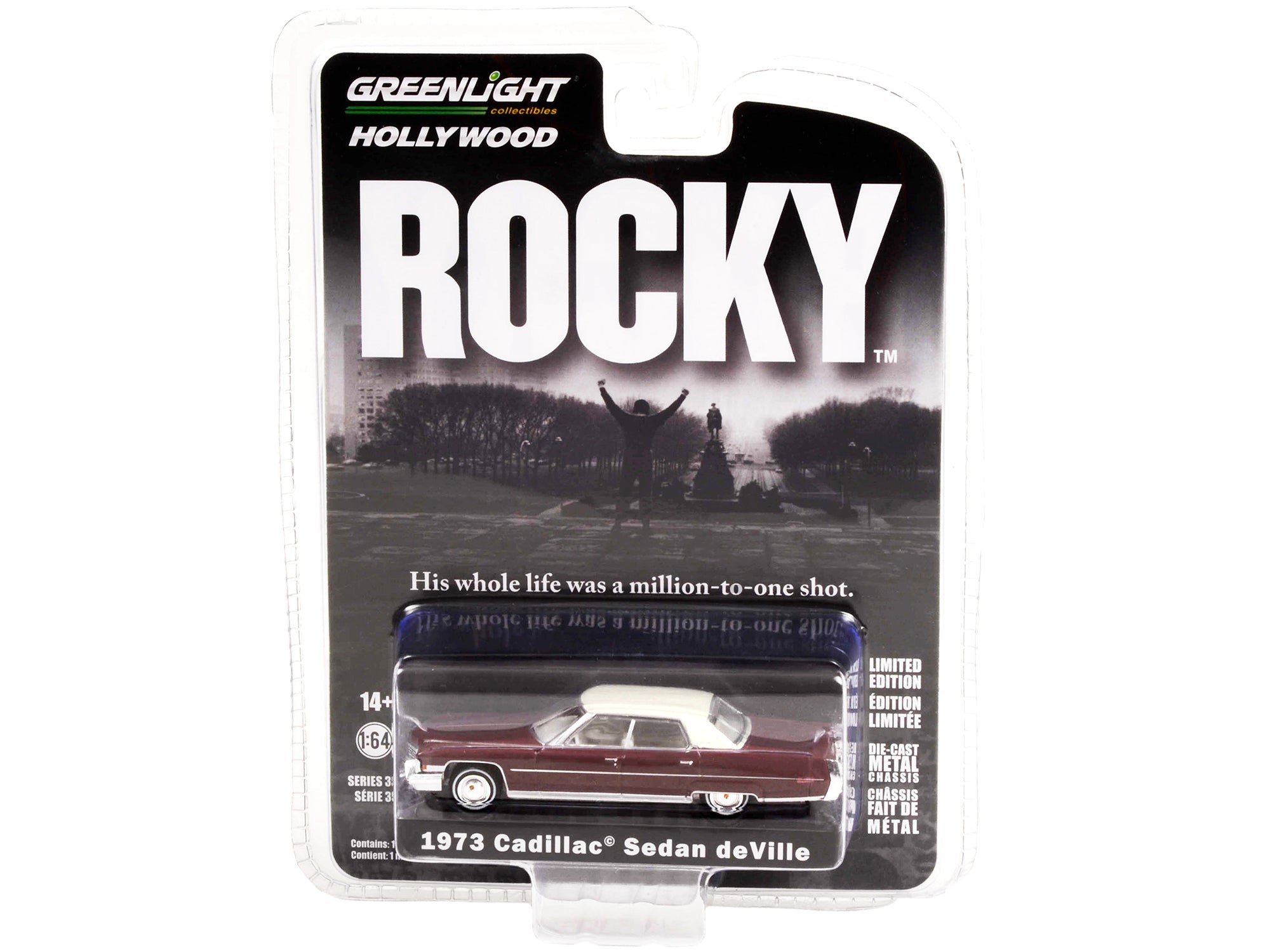 1973 Cadillac Sedan DeVille Burgundy with White Top "Rocky" (1976) Movie "Hollywood Series" Release 35 1/64 Diecast Model Car by Greenlight - image 3