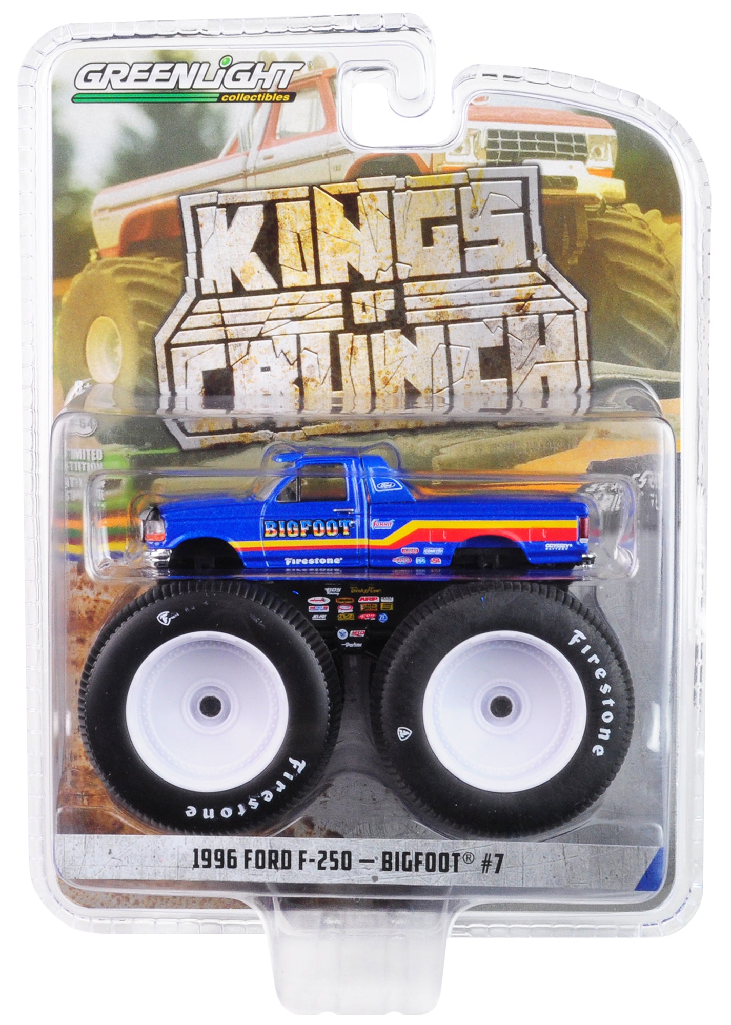 1996 Ford F-250 Monster Truck "Bigfoot #7" Metallic Blue with Stripes "Kings of Crunch" Series 5 1/64 Diecast Model Car by Greenlight - image 3