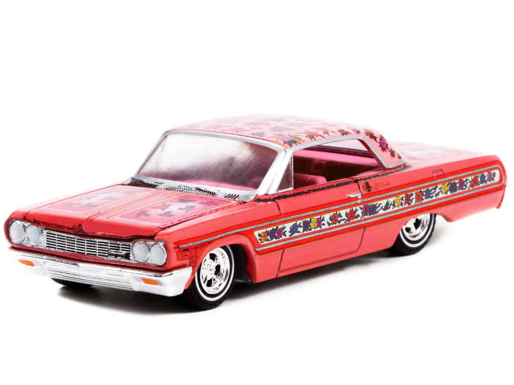 1964 Chevrolet Impala Lowrider Pink Metallic with Rose Graphics and Pink Interior "California Lowriders" Release 1 1/64 Diecast Model Car by Greenlight - image 2