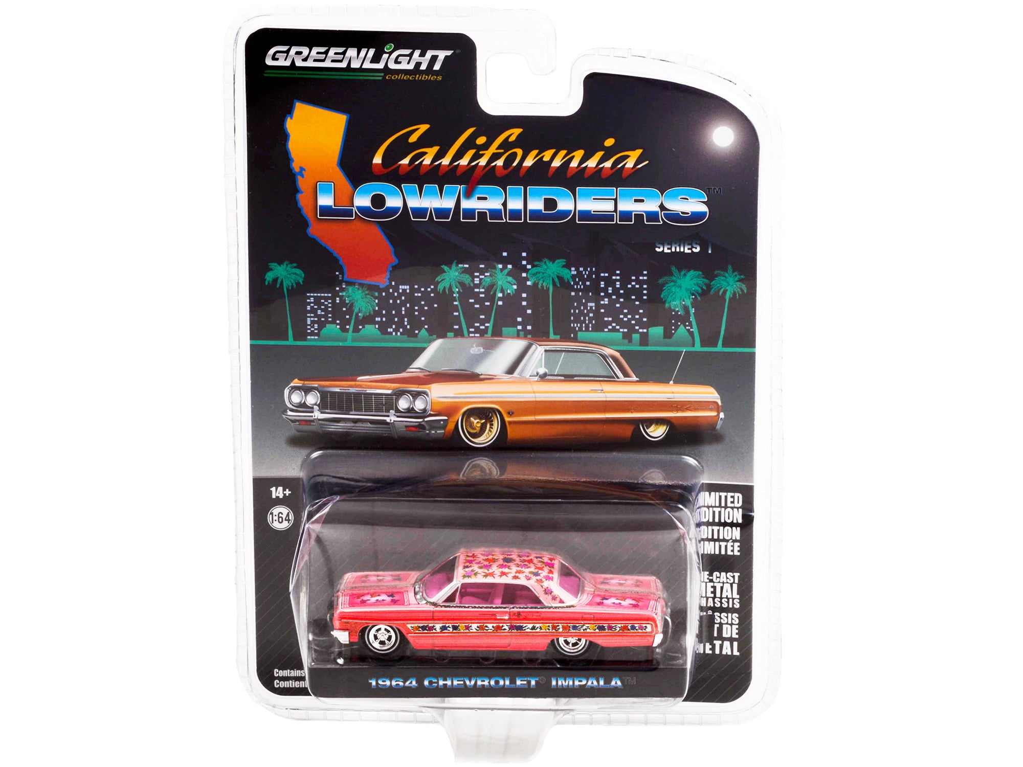 1964 Chevrolet Impala Lowrider Pink Metallic with Rose Graphics and Pink Interior "California Lowriders" Release 1 1/64 Diecast Model Car by Greenlight - image 3