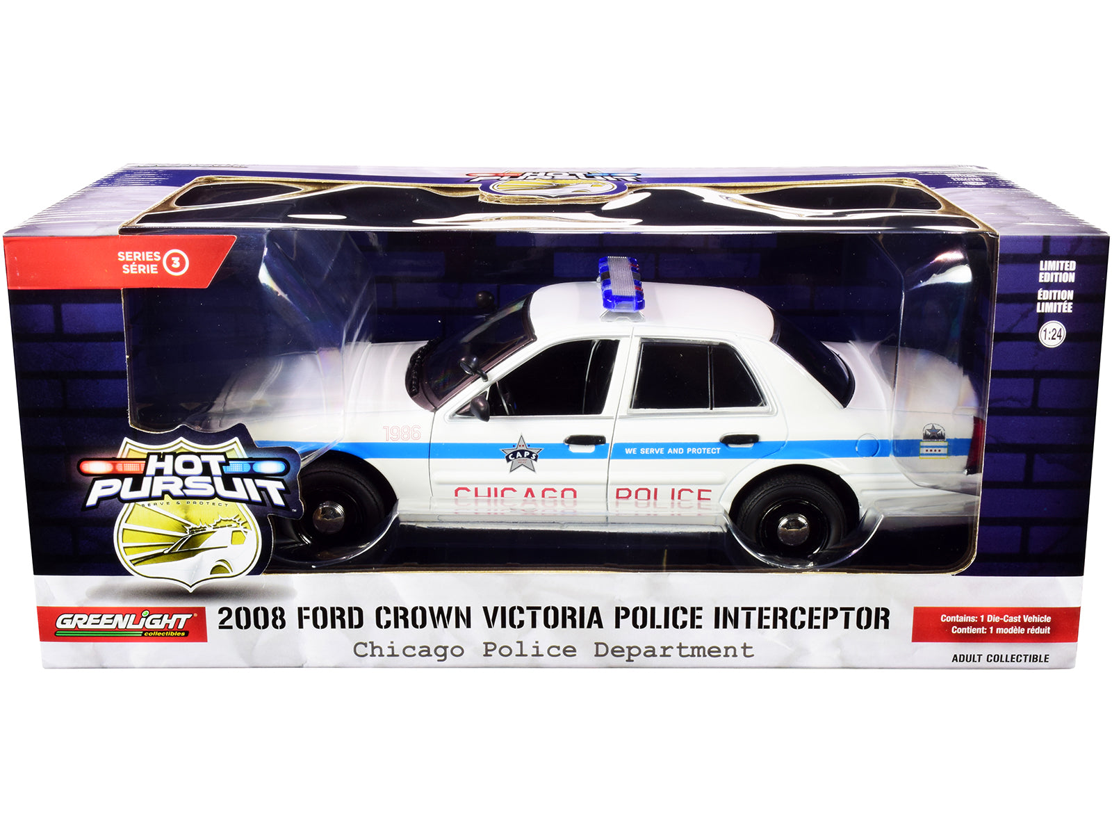 2008 Ford Crown Victoria Police Interceptor "CAPS" White with Blue Stripes "Chicago Police Department" "Hot Pursuit" Series 1/24 Diecast Model Car by Greenlight - image 3
