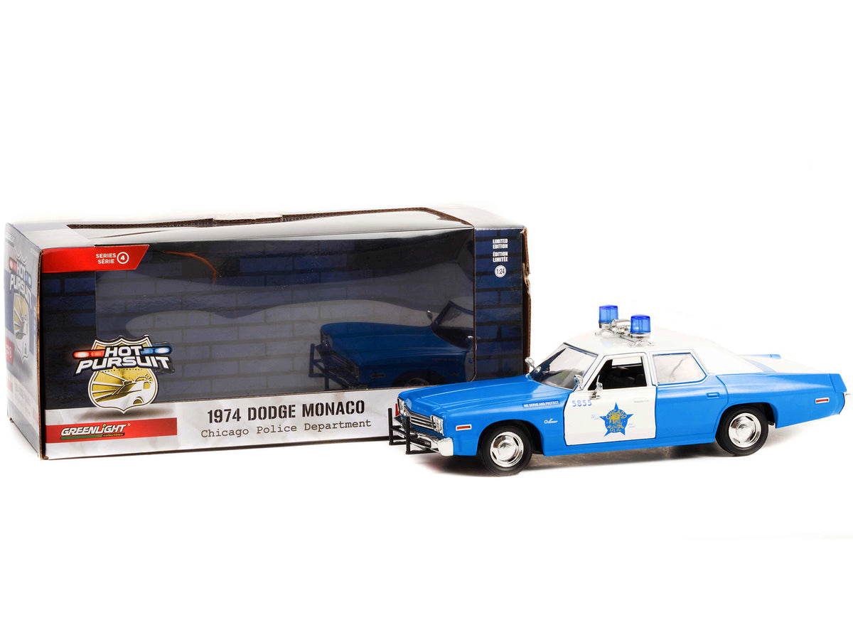 1974 Dodge Monaco Blue and White CPD "Chicago Police Department" (Illinois) "Hot Pursuit" Series 1/24 Diecast Model Car by Greenlight - image 3