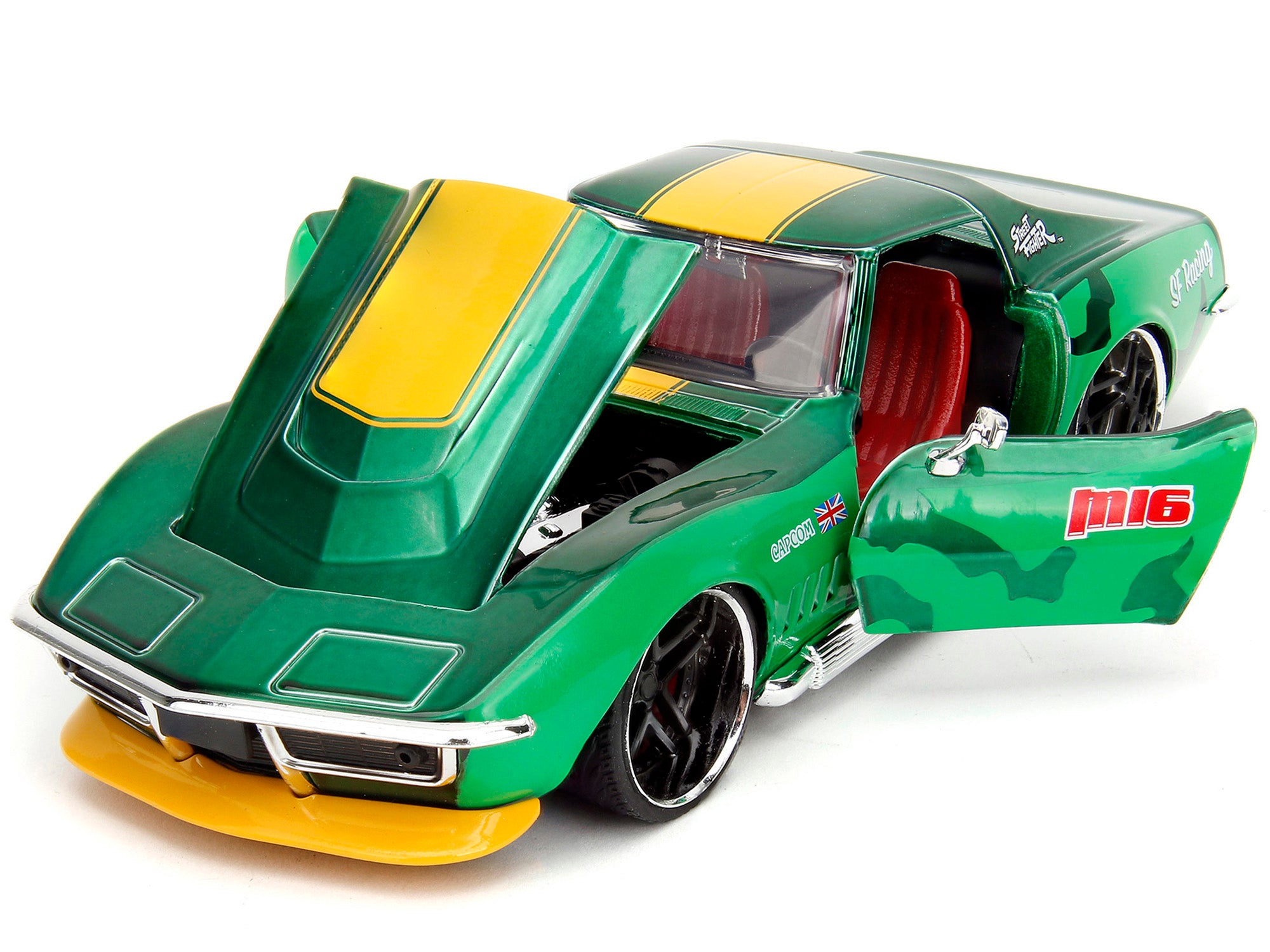 1969 Chevrolet Corvette Stingray ZL1 Green Metallic with Yellow Stripes and Cammy Diecast Figure "Street Fighter" Video Game "Anime Hollywood Rides" Series 1/24 Diecast Model Car by Jada - image 2