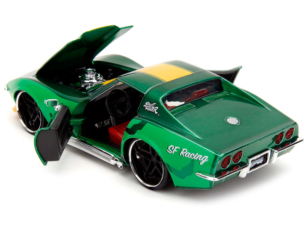 1969 Chevrolet Corvette Stingray ZL1 Green Metallic with Yellow Stripes and Cammy Diecast Figure "Street Fighter" Video Game "Anime Hollywood Rides" Series 1/24 Diecast Model Car by Jada - image 3