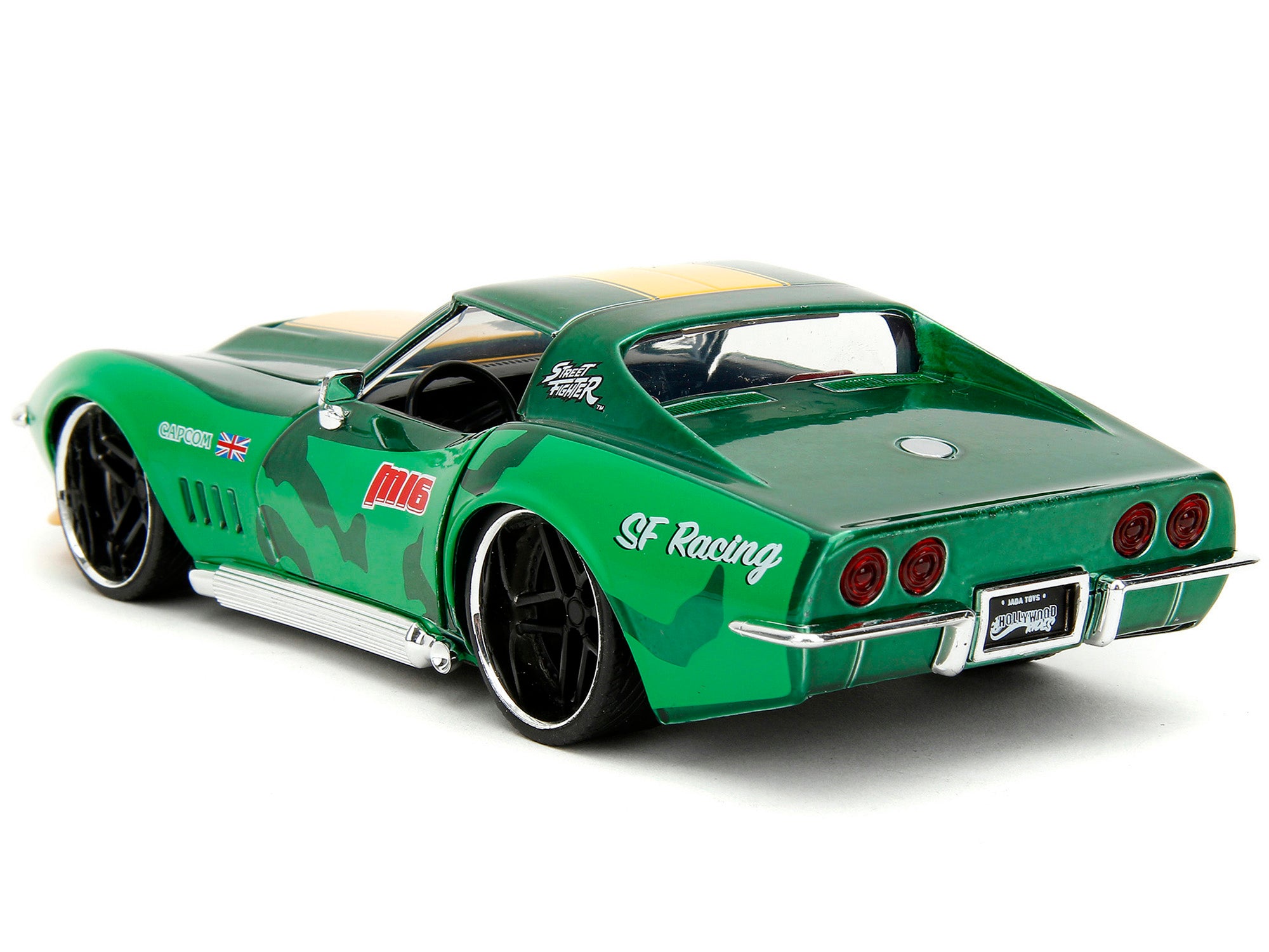1969 Chevrolet Corvette Stingray ZL1 Green Metallic with Yellow Stripes and Cammy Diecast Figure "Street Fighter" Video Game "Anime Hollywood Rides" Series 1/24 Diecast Model Car by Jada - image 4