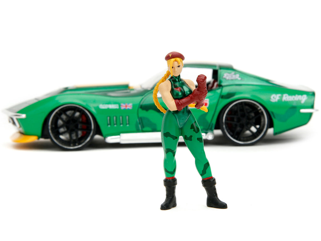 1969 Chevrolet Corvette Stingray ZL1 Green Metallic with Yellow Stripes and Cammy Diecast Figure "Street Fighter" Video Game "Anime Hollywood Rides" Series 1/24 Diecast Model Car by Jada - image 5