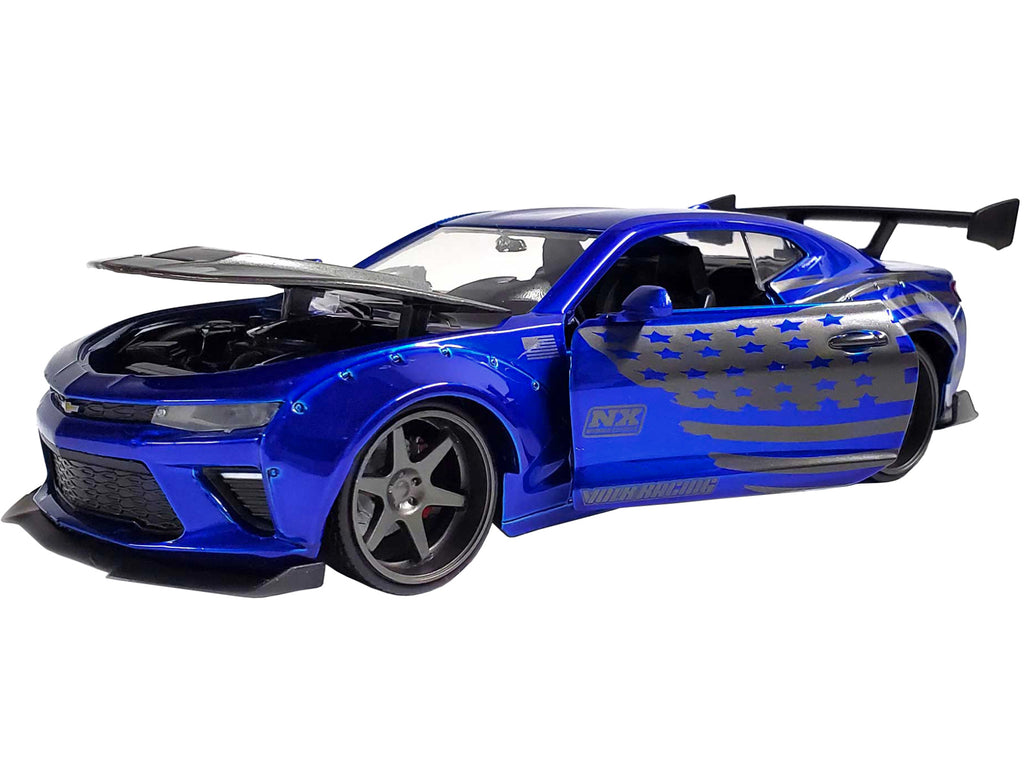 2016 Chevrolet Camaro Widebody Candy Blue with Gray Metallic Hood and American Flag Graphics "Bigtime Muscle" Series 1/24 Diecast Model Car by Jada - image 2