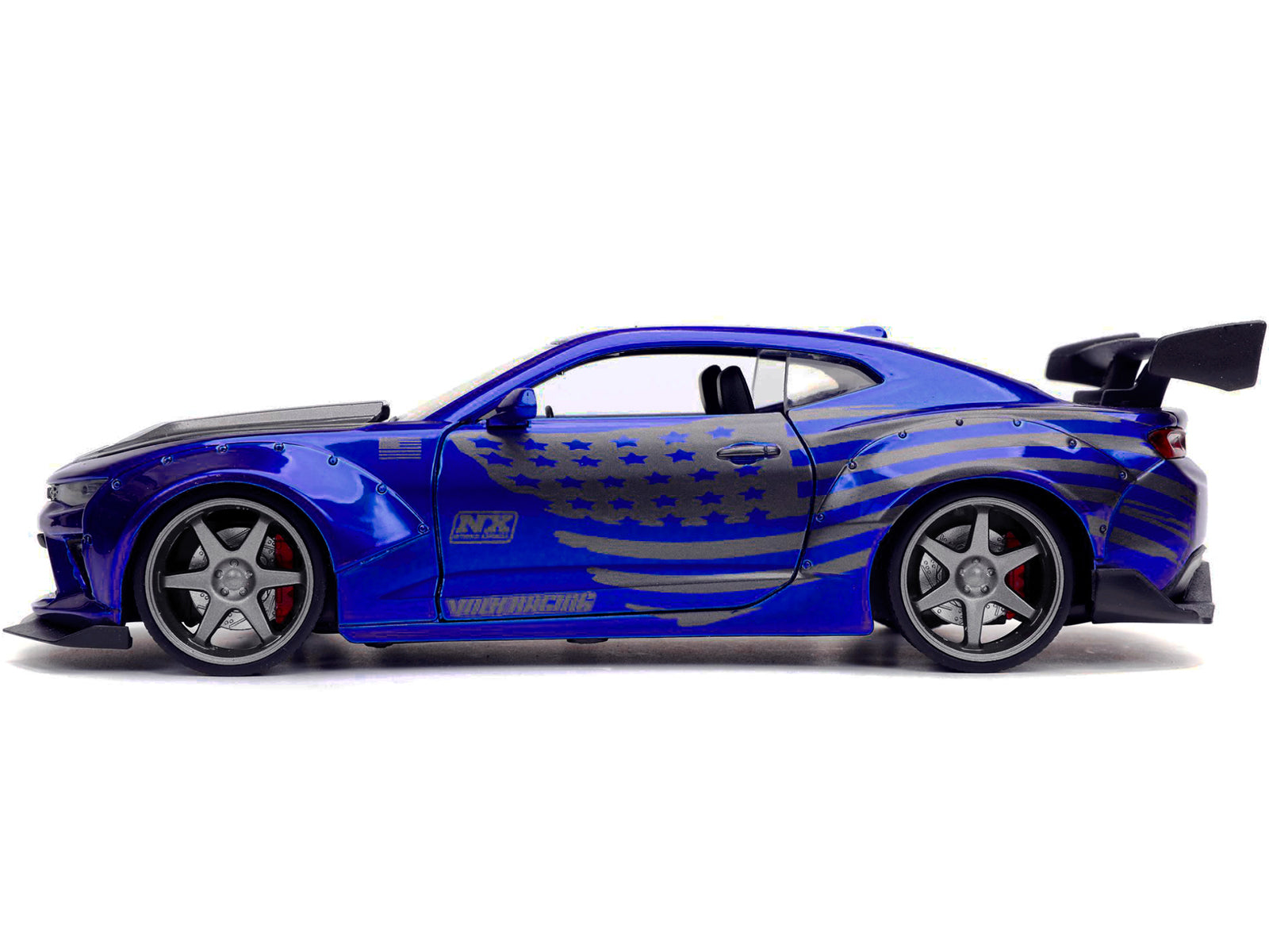 2016 Chevrolet Camaro Widebody Candy Blue with Gray Metallic Hood and American Flag Graphics "Bigtime Muscle" Series 1/24 Diecast Model Car by Jada - image 3