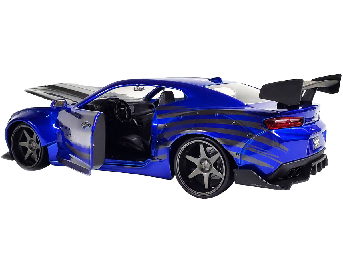 2016 Chevrolet Camaro Widebody Candy Blue with Gray Metallic Hood and American Flag Graphics "Bigtime Muscle" Series 1/24 Diecast Model Car by Jada - image 4