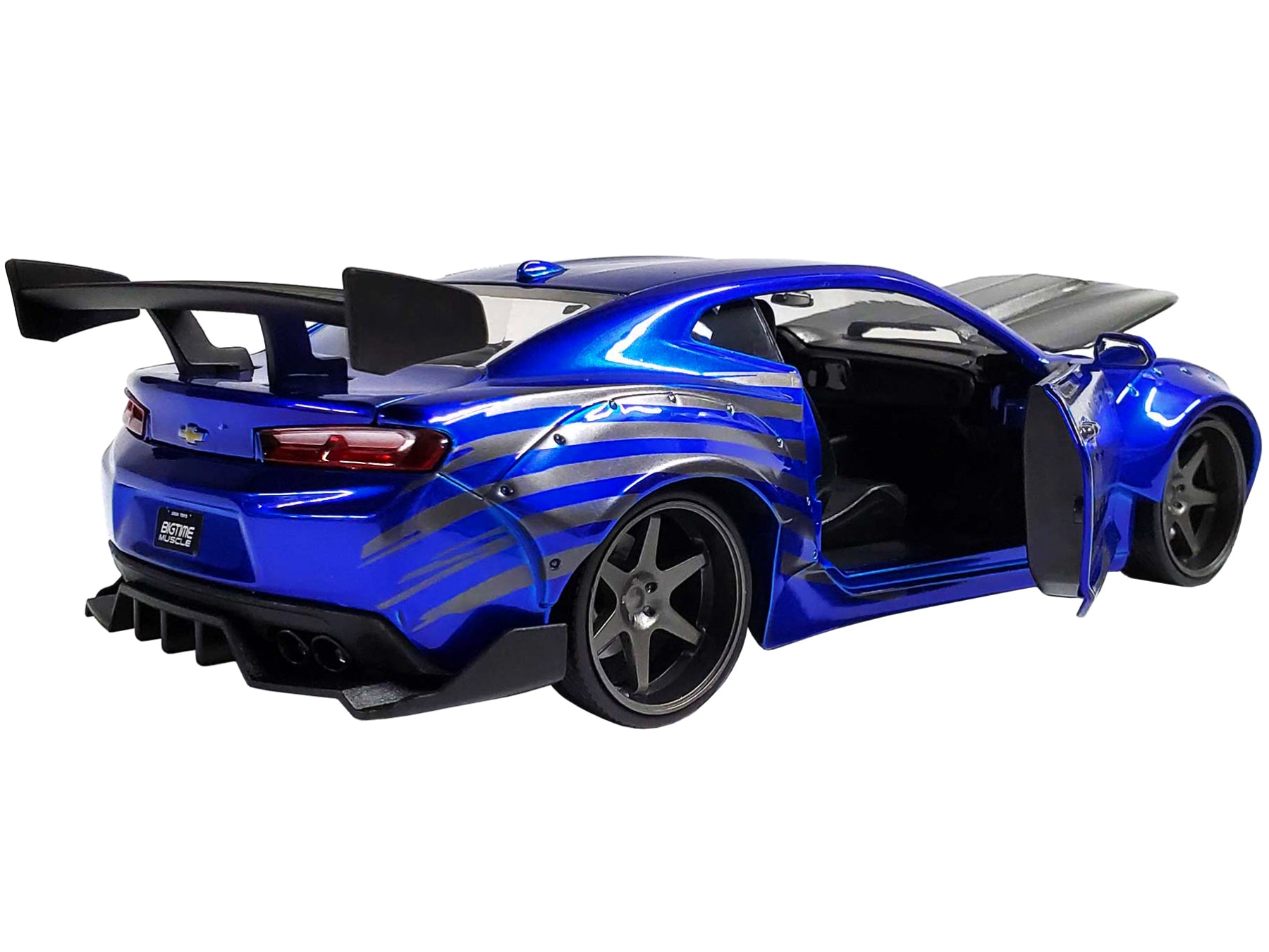 2016 Chevrolet Camaro Widebody Candy Blue with Gray Metallic Hood and American Flag Graphics "Bigtime Muscle" Series 1/24 Diecast Model Car by Jada - image 5