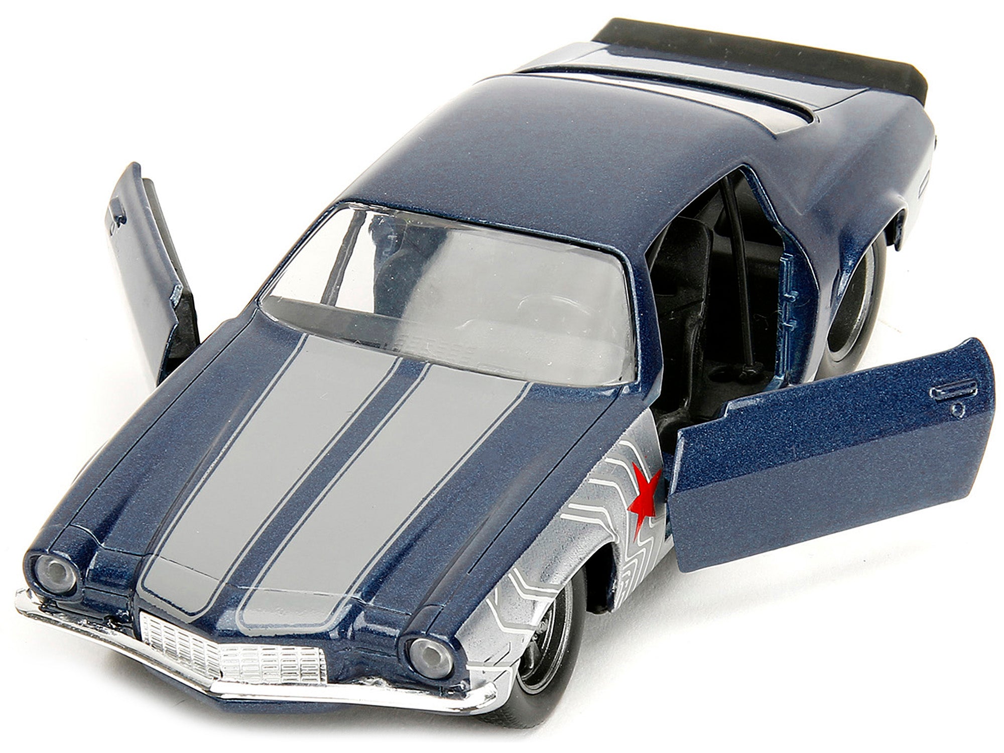 1973 Chevrolet Camaro Dark Blue Metallic with Gray Stripes and Winter Soldier Diecast Figure "Marvel Avengers" "Hollywood Rides" Series 1/32 Diecast Model Car by Jada - image 2