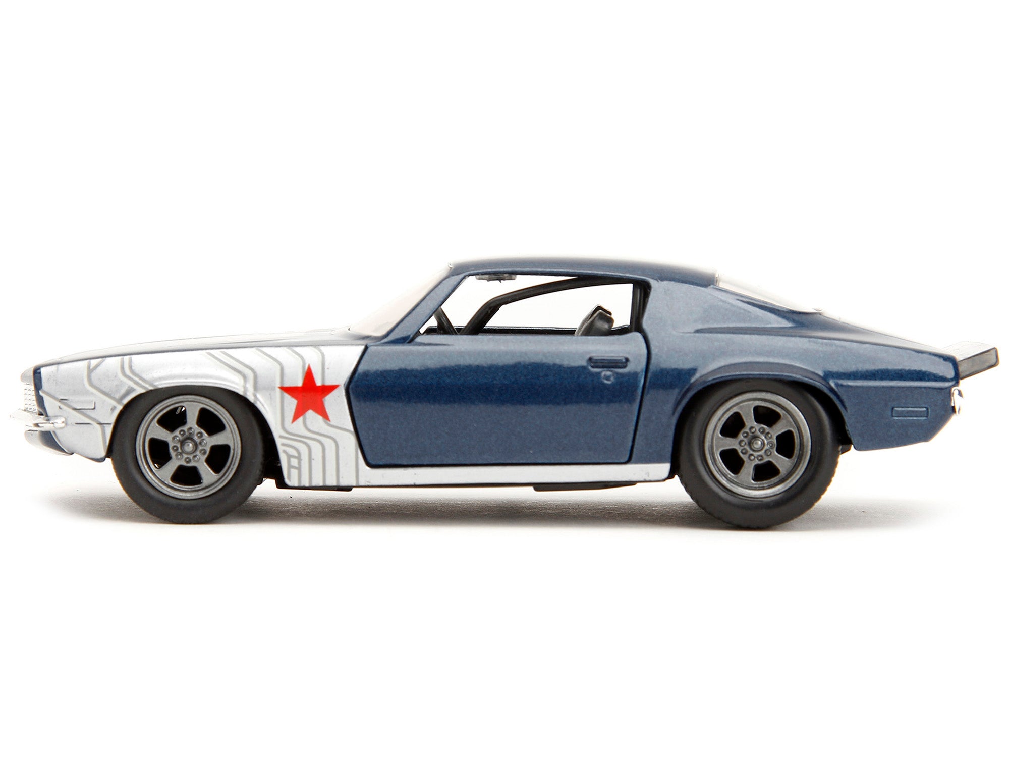 1973 Chevrolet Camaro Dark Blue Metallic with Gray Stripes and Winter Soldier Diecast Figure "Marvel Avengers" "Hollywood Rides" Series 1/32 Diecast Model Car by Jada - image 3
