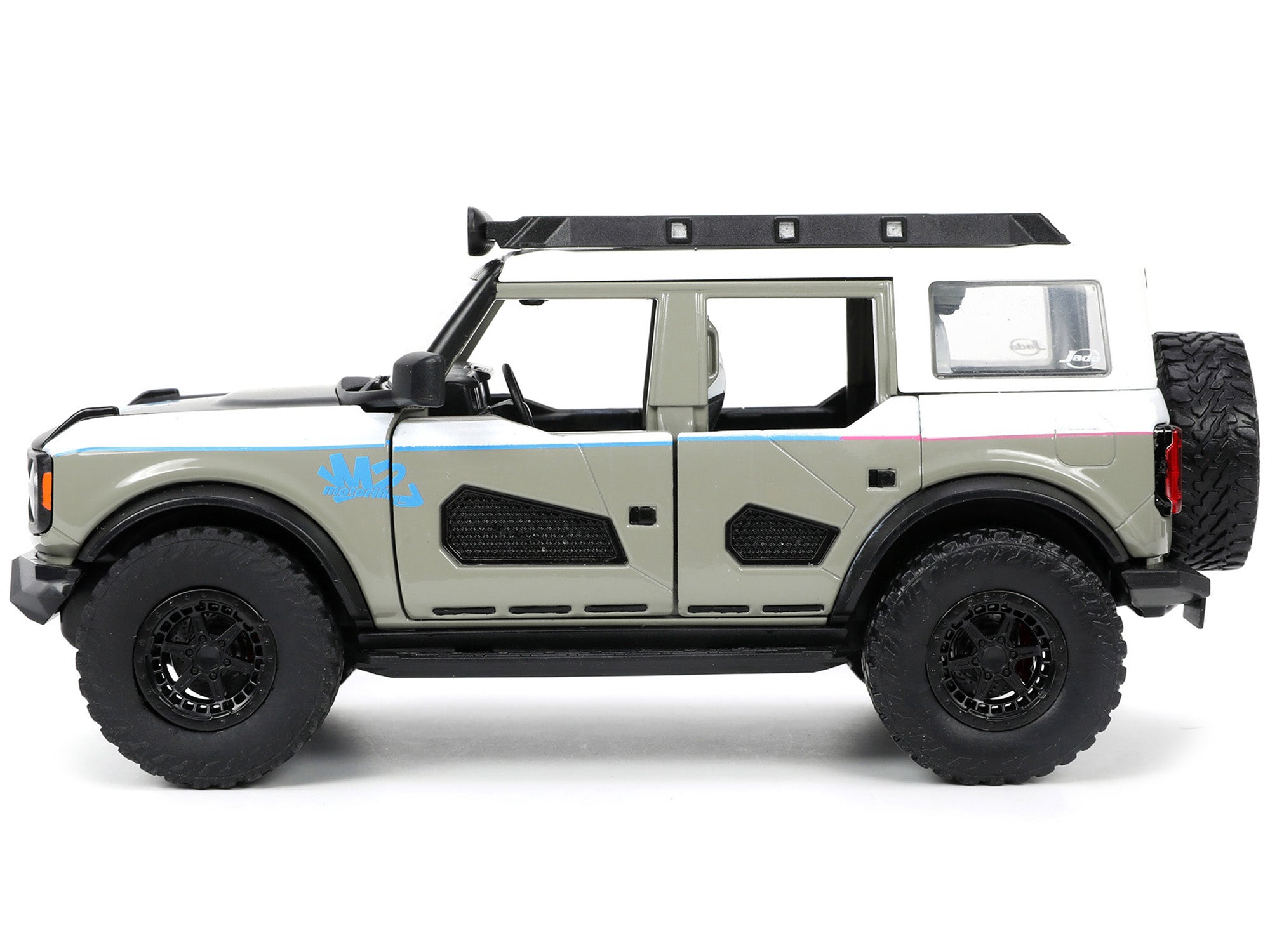 2021 Ford Bronco Gray and White with Matt Black Hood with Roof Rack "M2 Motoring" "Just Trucks" Series 1/24 Diecast Model Car by Jada - image 3