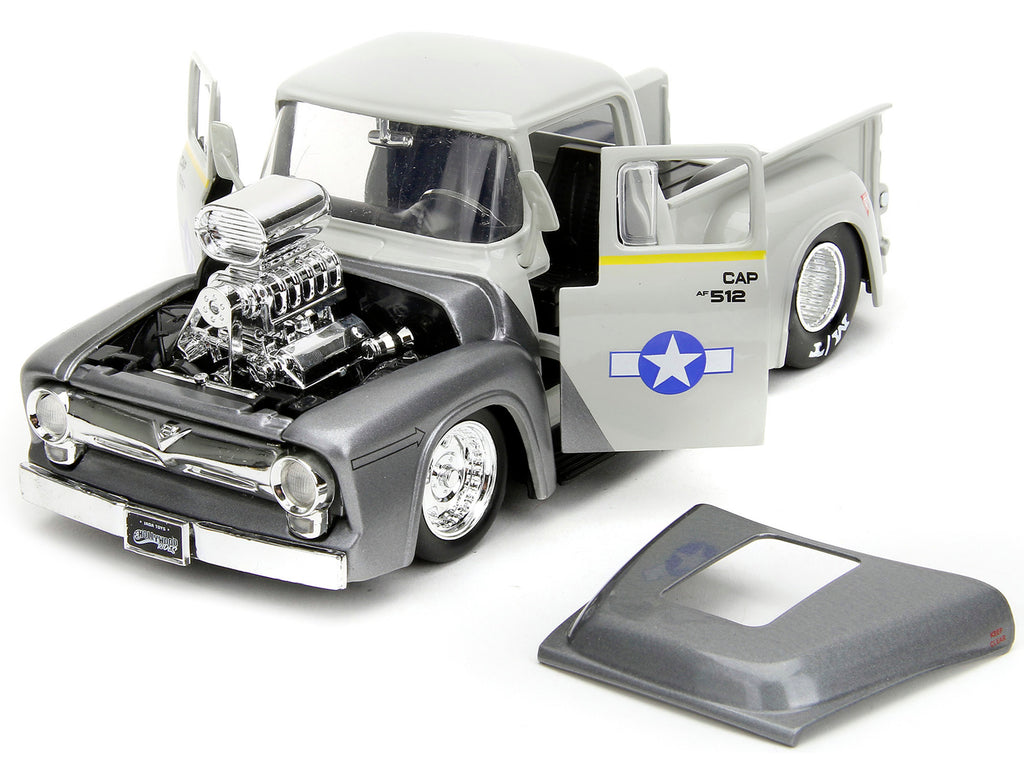 1956 Ford F-100 Pickup Truck Tan and Gray Metallic and Guile Diecast Figure "Street Fighter" Video Game "Anime Hollywood Rides" Series 1/24 Diecast Model Car by Jada - image 2