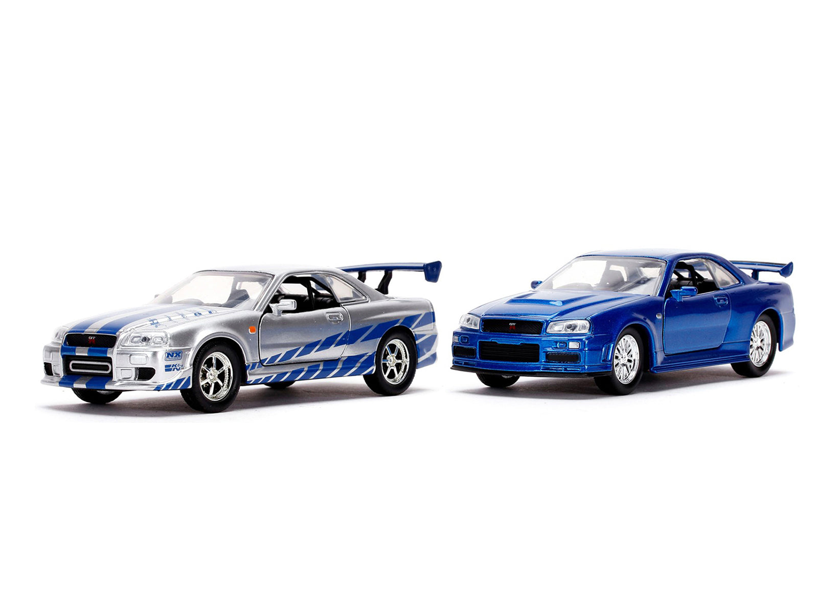 Brian's Nissan Skyline GT-R (BNR34) Silver with Blue Stripes and Nissan GT-R (BNR34) Blue Metallic Set of 2 pieces "25 Years of Fast & Furious" Series 1/32 Diecast Model Cars by Jada - image 2