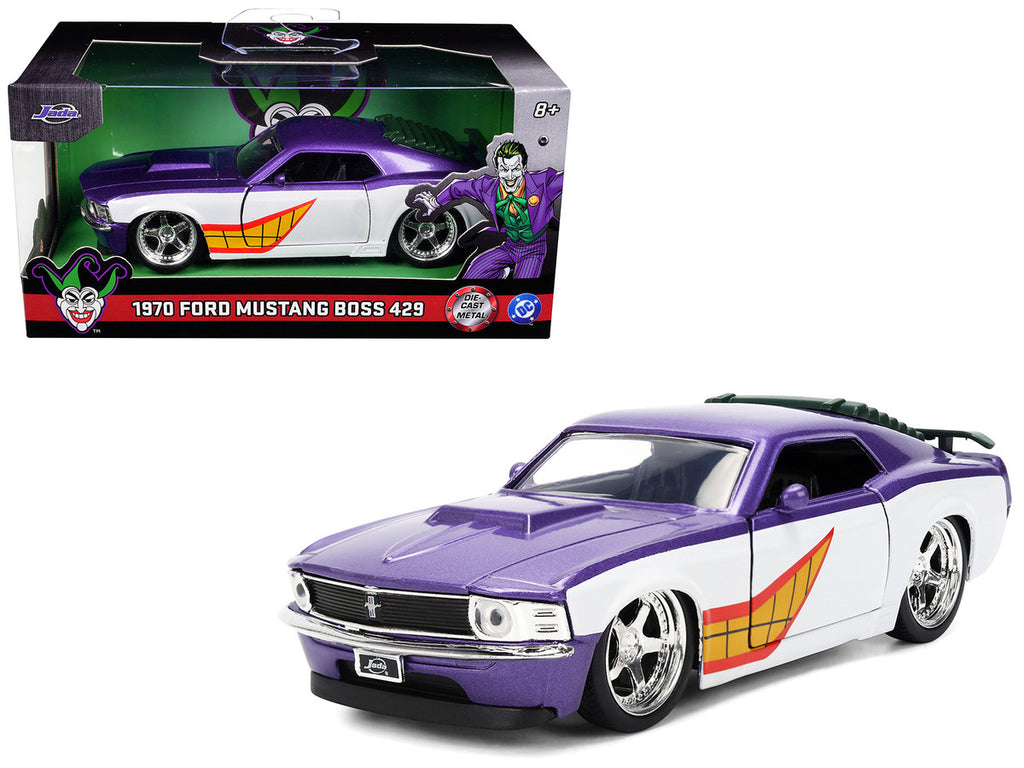1970 Ford Mustang Boss "Joker" Livery Purple Metallic and White with Graphics "Batman" Franchise "Hollywood Rides" Series 1/32 Diecast Model Car by Jada — photo 1