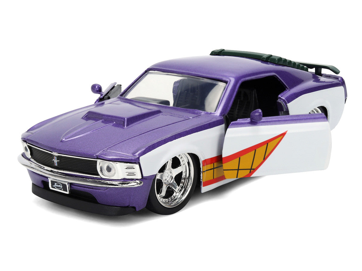 1970 Ford Mustang Boss "Joker" Livery Purple Metallic and White with Graphics "Batman" Franchise "Hollywood Rides" Series 1/32 Diecast Model Car by Jada — photo 2