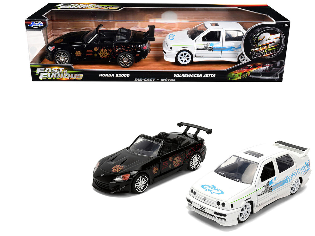 Honda S2000 Black with Graphics and Volkswagen Jetta White with Graphics Set of 2 pieces "25 Years of Fast & Furious" Series 1/32 Diecast Model Cars by Jada — photo 1