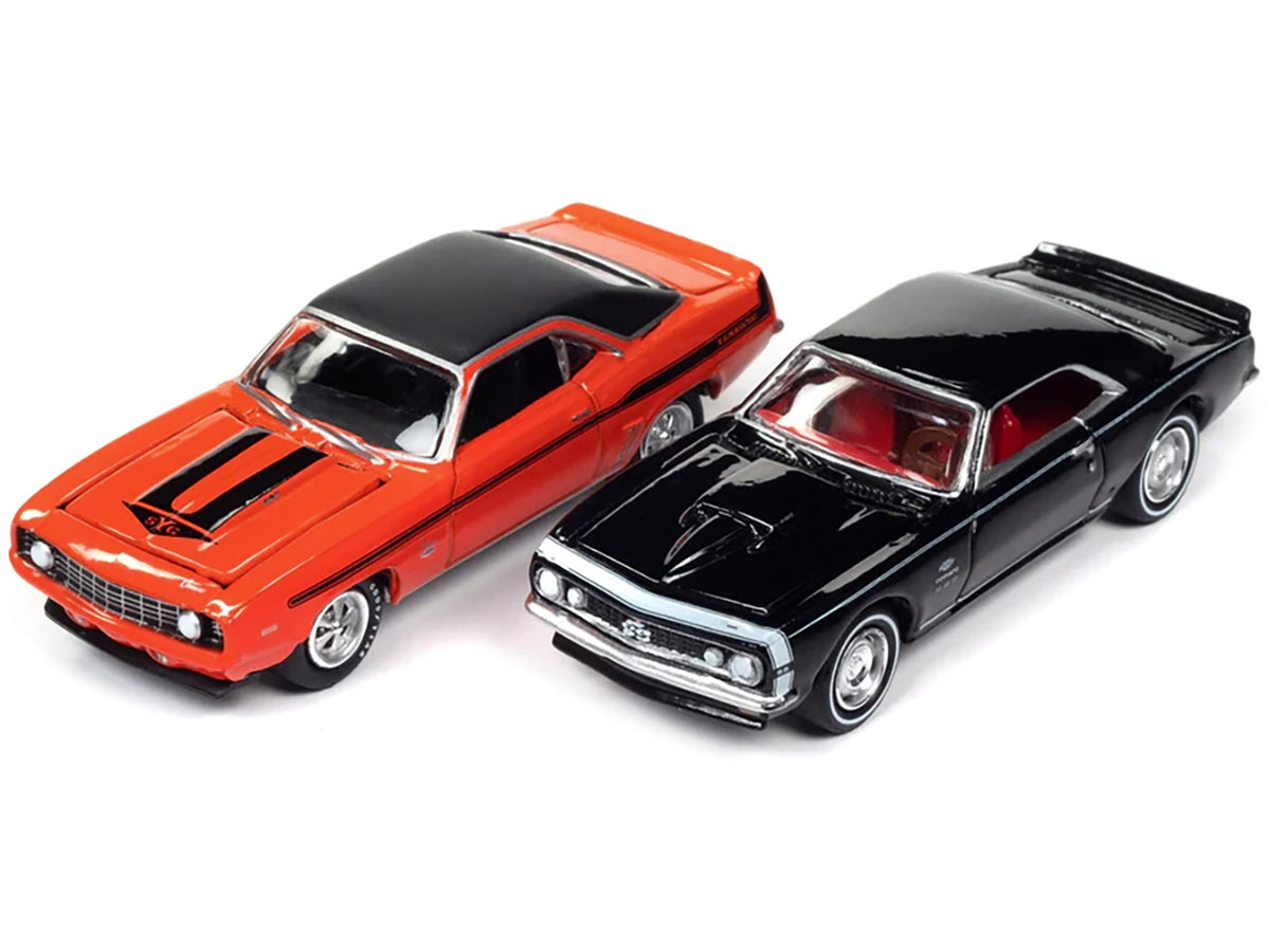 1969 Chevrolet Camaro Hugger Orange with Black Top and Stripes and 1967 Chevrolet Camaro Black with White Stripe and Red Interior "Yenko" Series Set of 2 Cars 1/64 Diecast Model Cars by Johnny Lightning - image 2