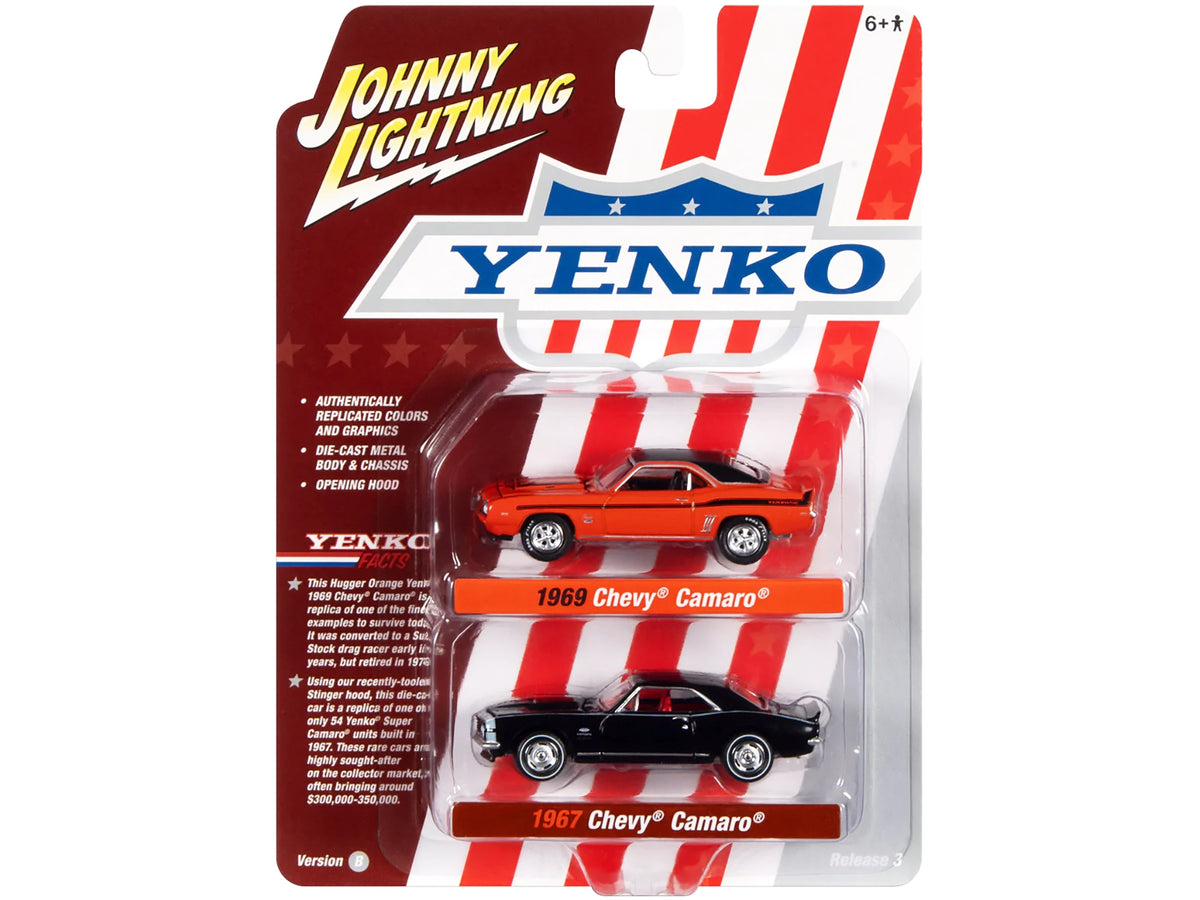1969 Chevrolet Camaro Hugger Orange with Black Top and Stripes and 1967 Chevrolet Camaro Black with White Stripe and Red Interior "Yenko" Series Set of 2 Cars 1/64 Diecast Model Cars by Johnny Lightning - image 3