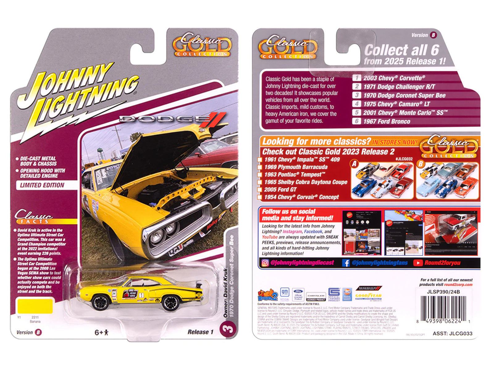 1970 Dodge Coronet Super Bee #1 "David Kruk" Banana Yellow with Black Stripes and Top "Classic Gold Collection" 1/64 Diecast Model Car by Johnny Lightning - image 3
