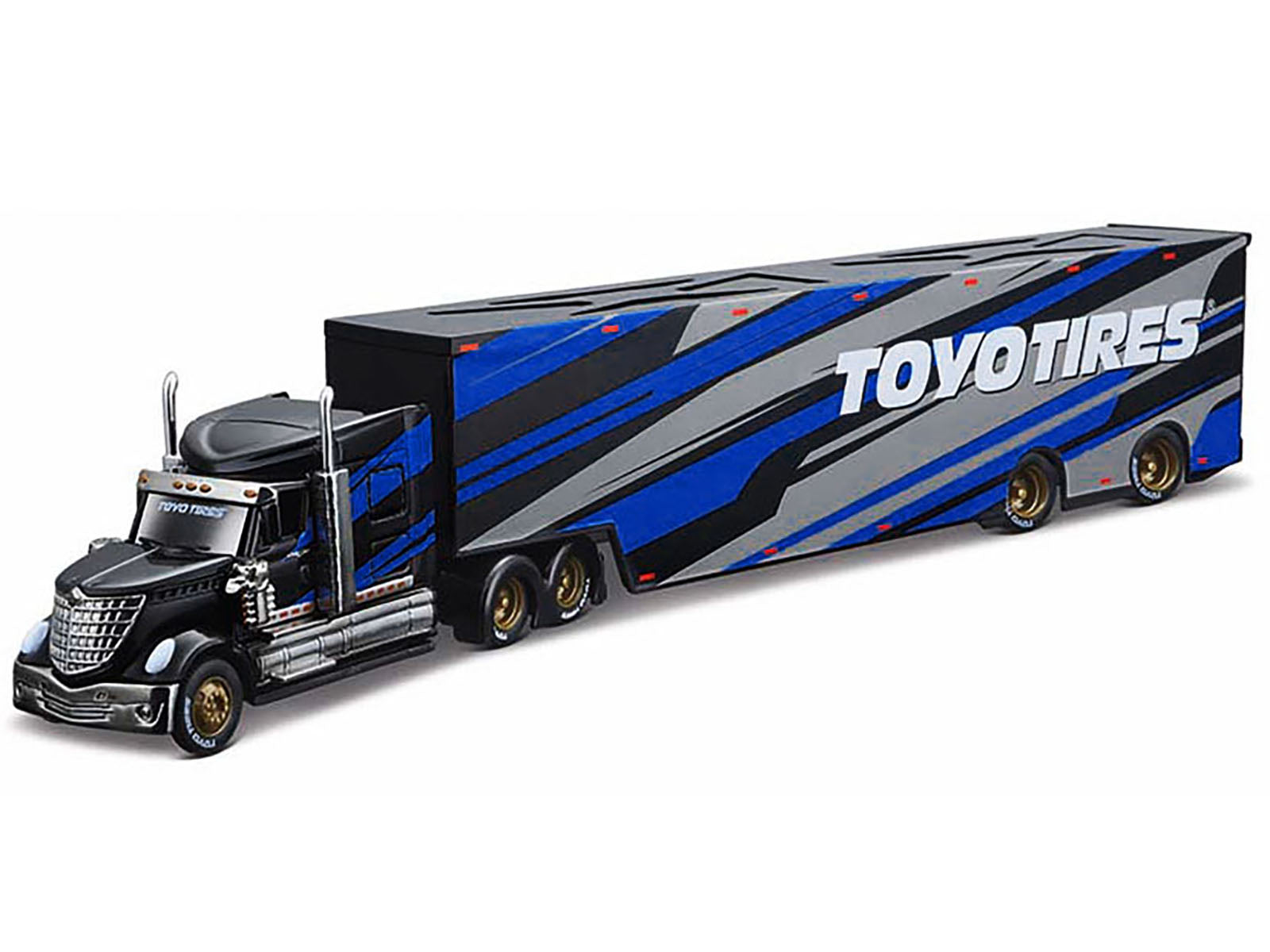 International LoneStar Enclosed Car Transporter "Toyo Tires" Black with Blue and Gray Stripes "Custom Haulers" Series 1/64 Diecast Model by Maisto - image 2