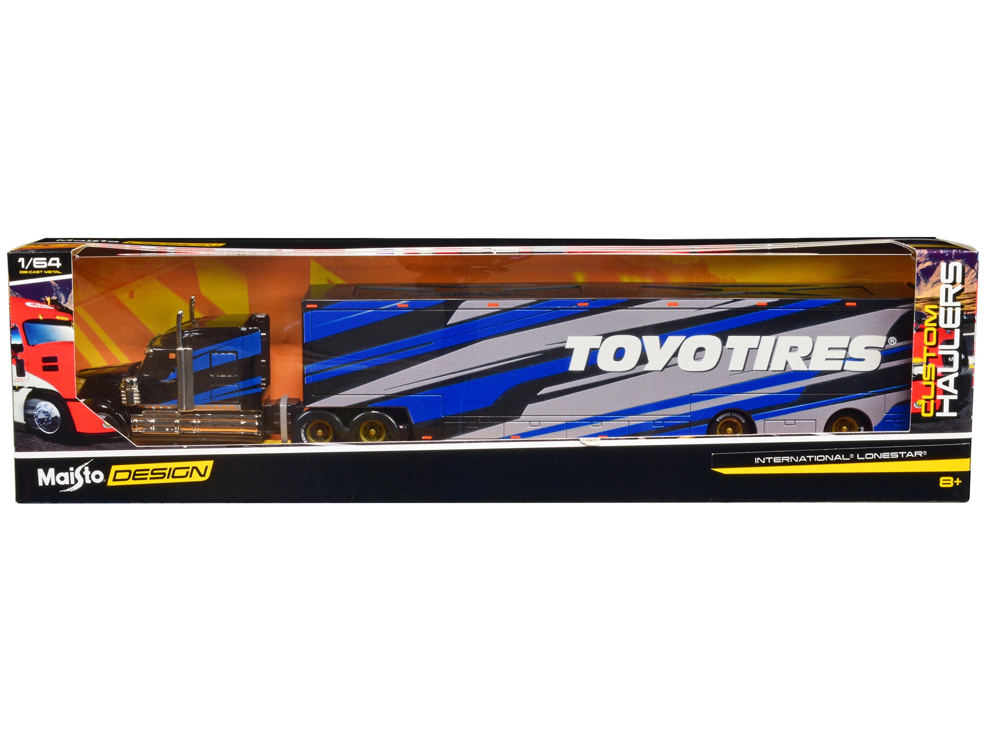 International LoneStar Enclosed Car Transporter "Toyo Tires" Black with Blue and Gray Stripes "Custom Haulers" Series 1/64 Diecast Model by Maisto - image 3