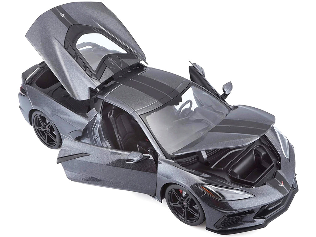 2020 Chevrolet Corvette Stingray C8 Dark Gray Metallic with Racing Stripes 1/18 Diecast Model Car by Maisto - image 2