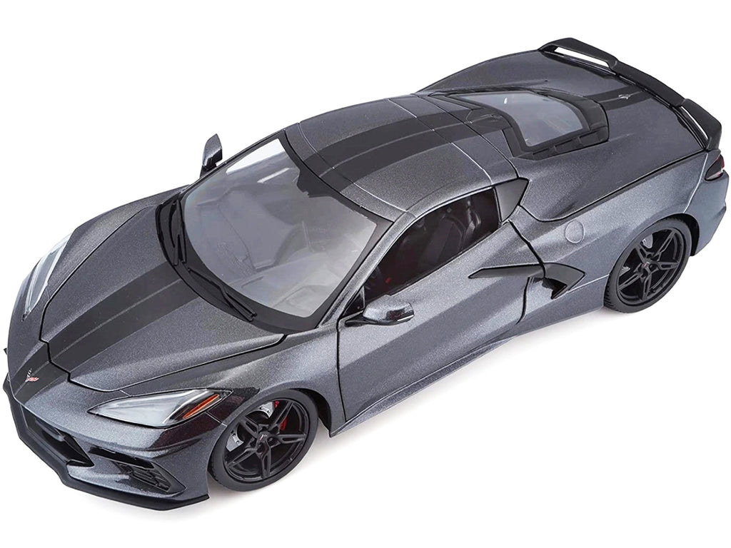 2020 Chevrolet Corvette Stingray C8 Dark Gray Metallic with Racing Stripes 1/18 Diecast Model Car by Maisto - image 3