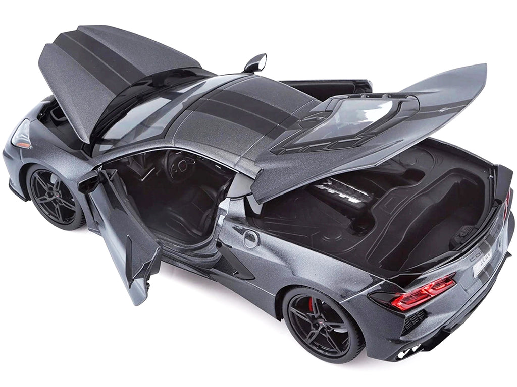 2020 Chevrolet Corvette Stingray C8 Dark Gray Metallic with Racing Stripes 1/18 Diecast Model Car by Maisto - image 4