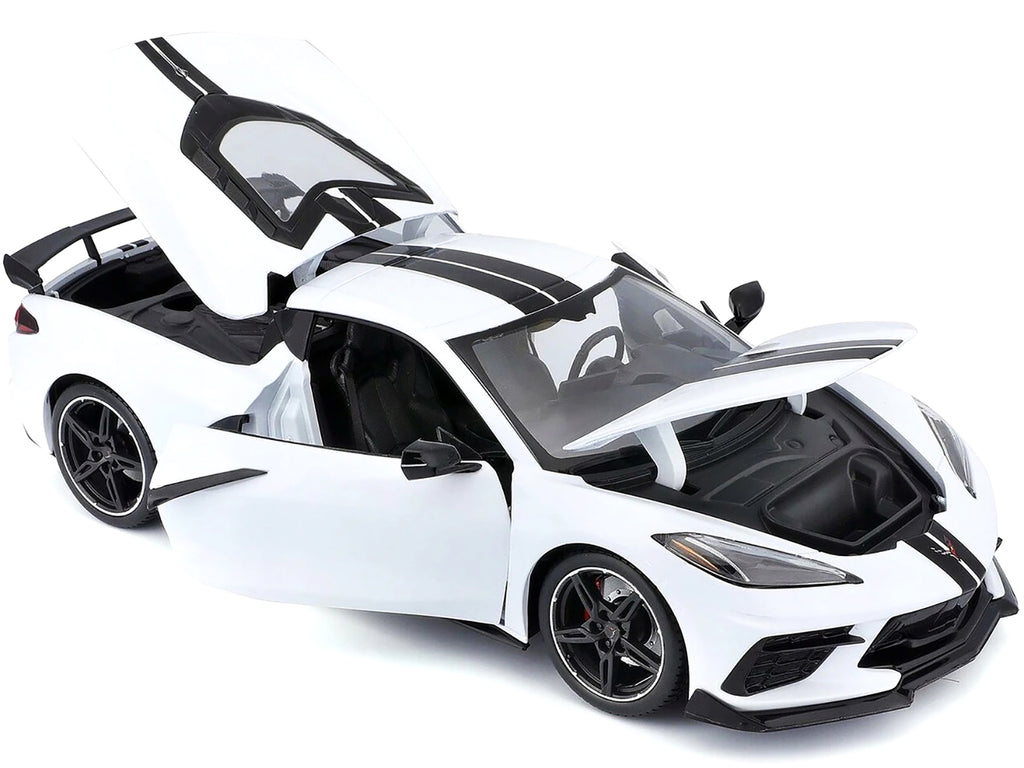 2020 Chevrolet Corvette Stingray C8 Coupe with High Wing White with Black Stripes 1/18 Diecast Model Car by Maisto - image 2