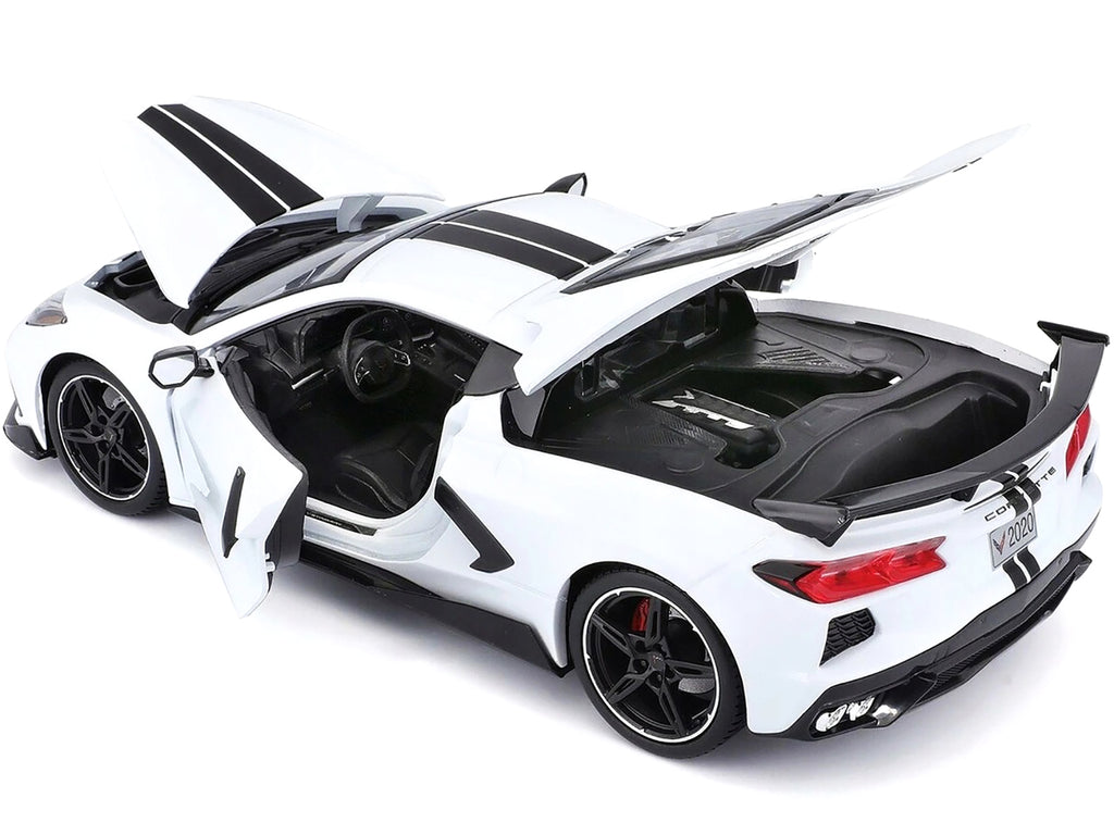 2020 Chevrolet Corvette Stingray C8 Coupe with High Wing White with Black Stripes 1/18 Diecast Model Car by Maisto - image 3